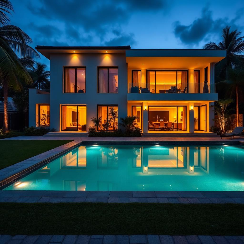 Casa contemporânea com piscina iluminada